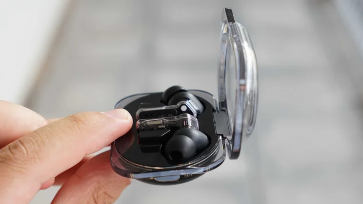 Side view of the Nothing Ear (3a) wireless earbuds charging case with the lid open