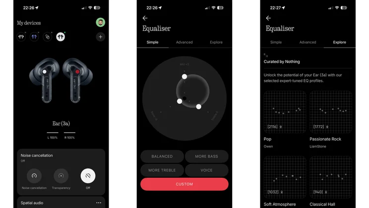 Three screenshots of the Nothing X app showing the home screen and EQ options