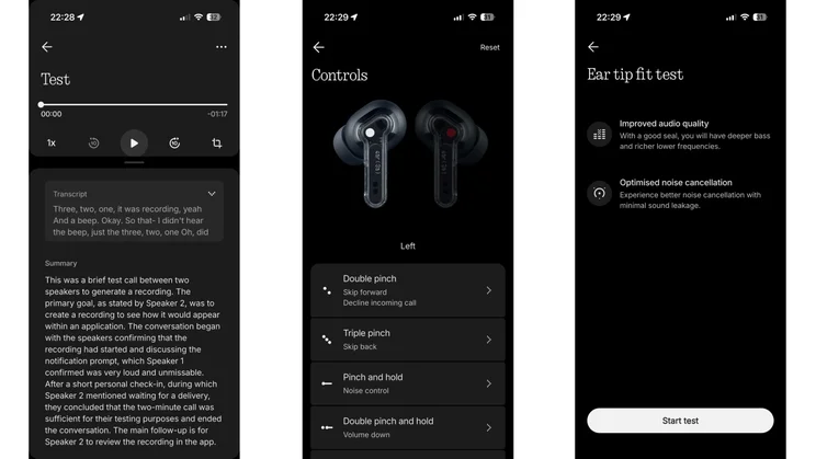 Three screenshots from the Nothing X app showing a test transcription, control options and the fit test screen