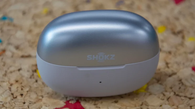 The charging case of the Shokz OpenDots 2 wireless earbuds with the lid closed