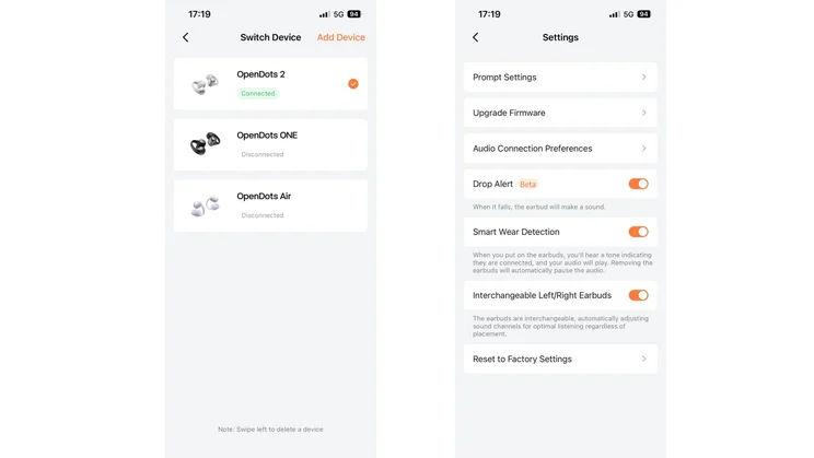 Two screenshots from the Shokz app showing the device options and settings