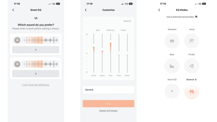 Three screenshots from the Shokz app showing the EQ options available