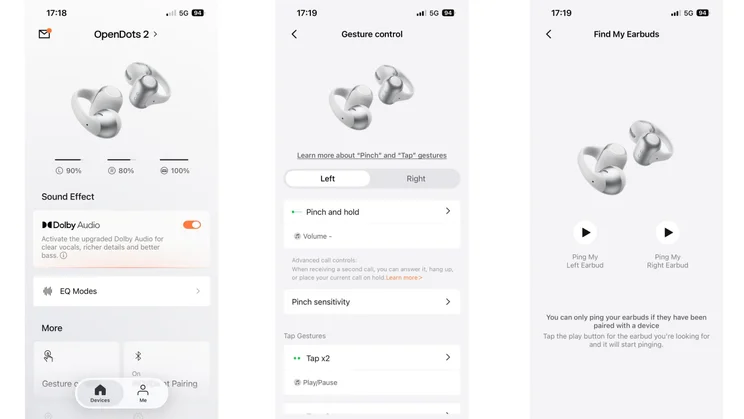 Three screenshots from the Shokz app showing the homepage, gesture customisation and Find My service