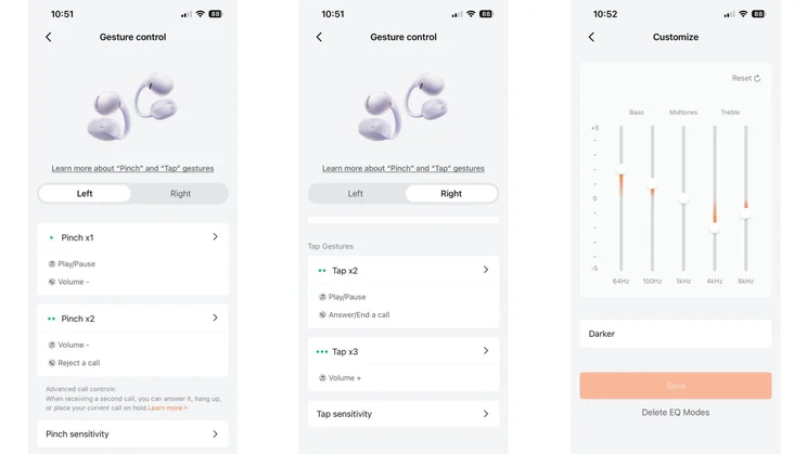 Three screenshots from the Shokz app showing the gesture controls and custom EQ setting