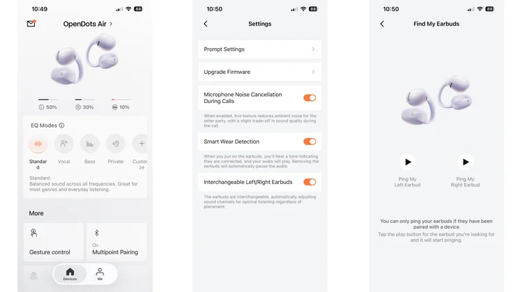 Three screenshots from the Shokz app showing the homepage, general settings and Find My option