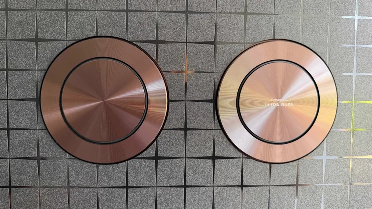 Close-up of two of the Bang & Olufsen speakers on the rear of the TCL X11L SQD Mini LED TV