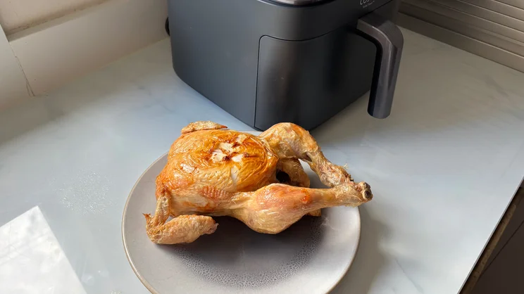 A plate of cooked chicken, alongside the Cosori Turbo Tower air fryer