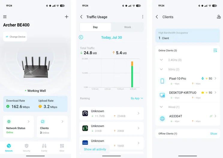 3x android app screenshots, TP-Link Archer BE400