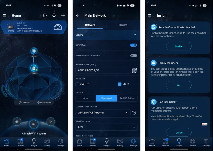 3x screenshots of the Asus RT-BE55's Android app