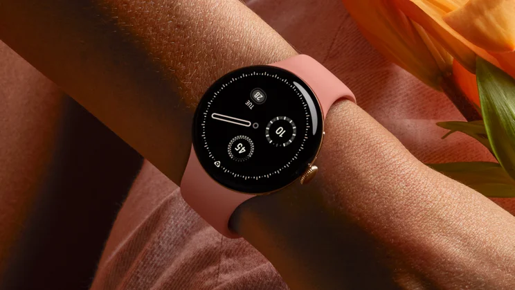 The Pixel Watch 5 in Canyon, pictured on wrist