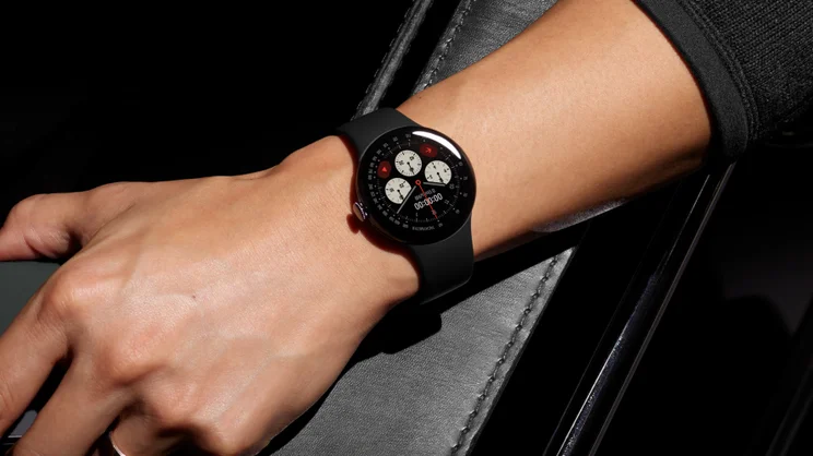 The Pixel Watch 5 in Obsidian, pictured on wrist