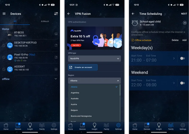Three screenshots of the Asus RT-BE55's Android app