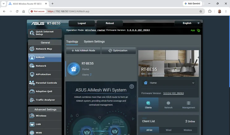 A screenshot of the Asus RT-BE55's web IO - AiMesh settings
