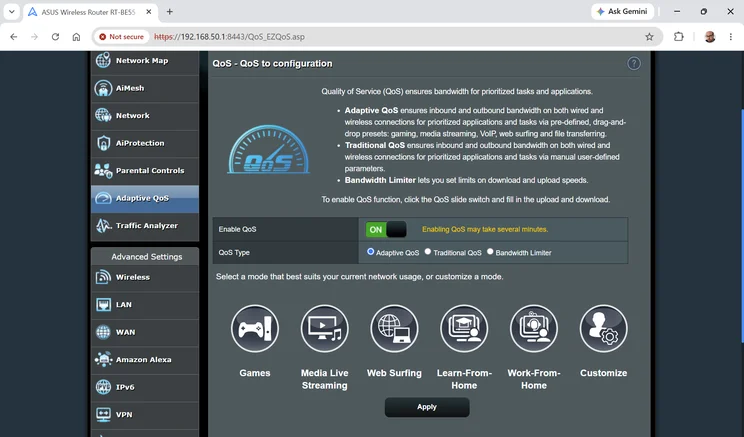 A screenshot of the Asus RT-BE55's web UI - QoS settings