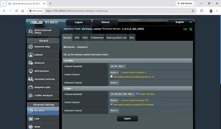 A screenshot of the Asus RT-BE55's web UI Wi-Fi settings