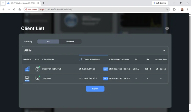 A screenshot of the Asus RT-BE55's web UI - client list