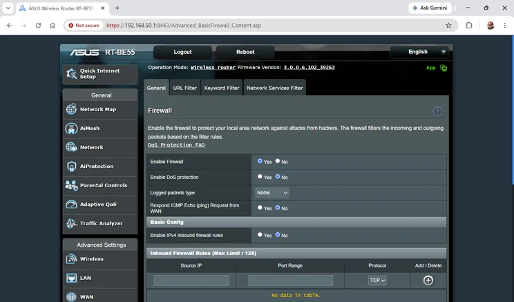 A screenshot of the Asus RT-BE55's web UI - firewall settings