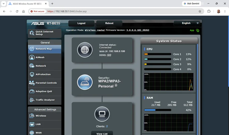 A screenshot of the Asus RT-BE55's maine web UI page