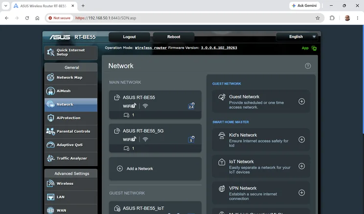 A screenshot of the Asus RT-BE55's web UI - network settings