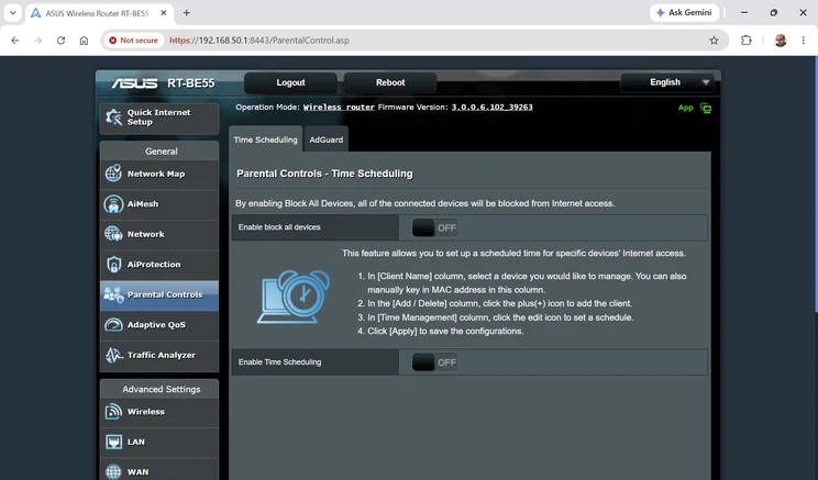 A screenshot of the Asus RT-BE55's web UI - parental controls settings