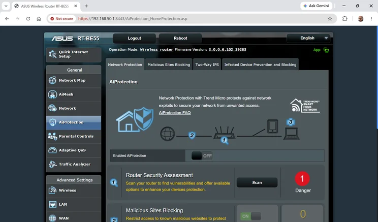 A screenshot of the Asus RT-BE55's web UI security settings