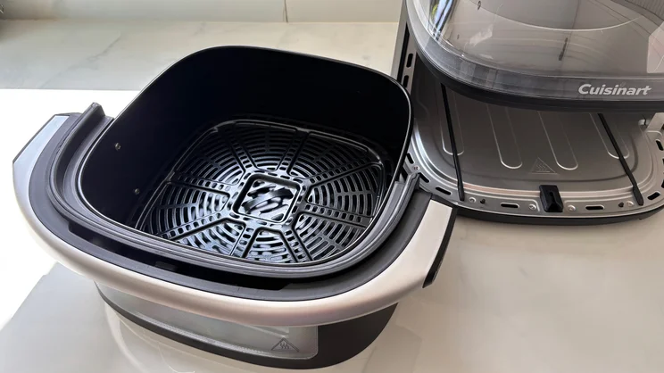 The Cuisinart Clearview 9-in-1 air fryer, with its drawer removed, on a kitchen worktop