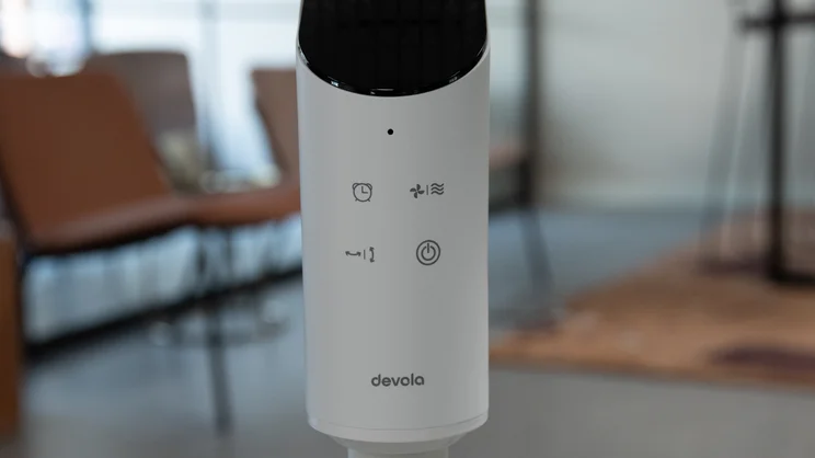A closeup of the Devola 8in Low Noise DC Pedestal fan's control panel and display, switched off