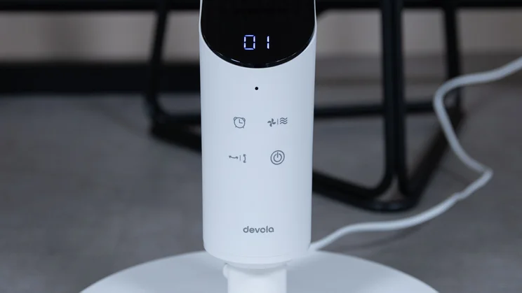 A closeup of the Devola 8in Low Noise DC Pedestal fan's control panel and display, switched on