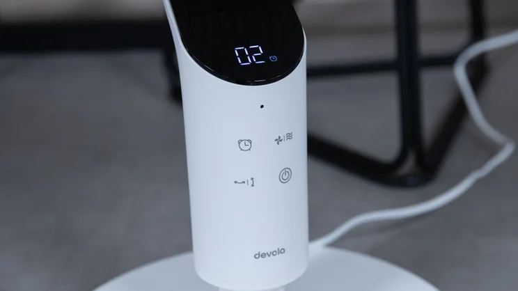 A closeup of the Devola 8in Low Noise DC Pedestal fan's control panel and display, switched on