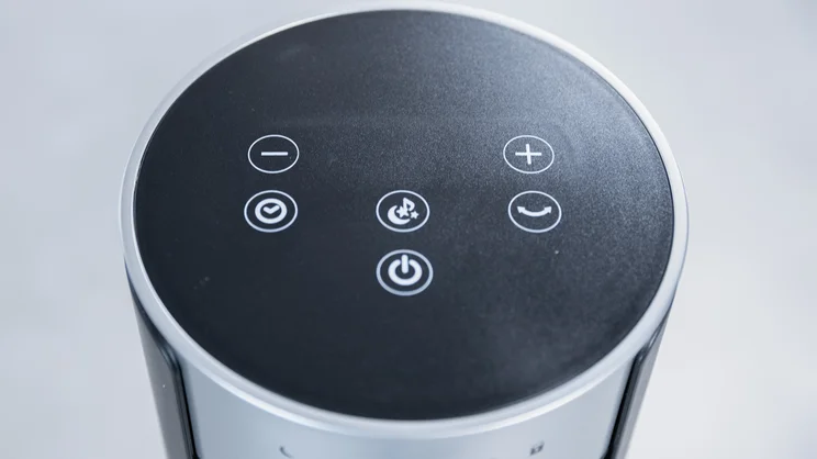 A closeup of the Devola Platinum 38in DC Tower Fan's control panel