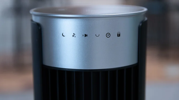 A closeup of the Devola Platinum 38in DC Tower Fan's LED display, turned off