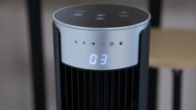 A closeup of the Devola Platinum 38in DC Tower Fan's LED display, turned on