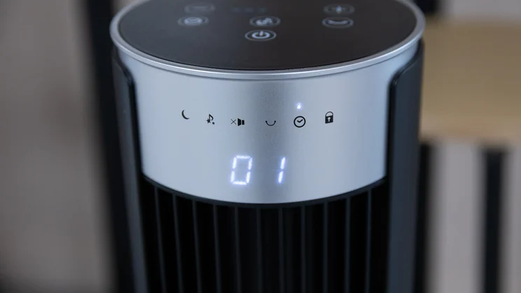 A closeup of the Devola Platinum 38in DC Tower Fan's LED display, turned on
