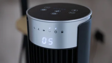A closeup of the Devola Platinum 38in DC Tower Fan's LED display, turned on