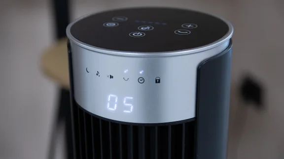 A closeup of the Devola Platinum 38in DC Tower Fan's LED display, turned on