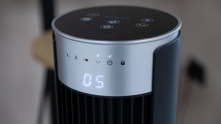 A closeup of the Devola Platinum 38in DC Tower Fan's LED display, turned on