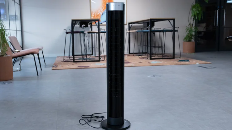 The Devola Platinum 38in DC Tower Fan in an office