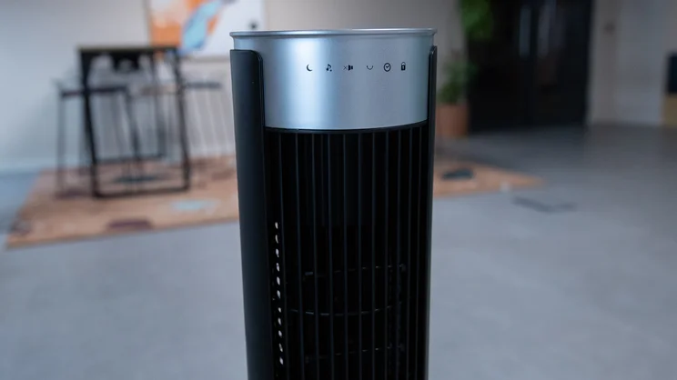 A closeup of the Devola Platinum 38in DC Tower Fan's LED display