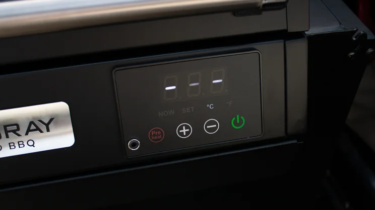 A closeup of the Dimplex Crossray eXtreme BBQ's control panel