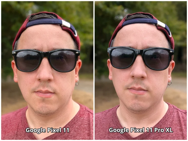 Two panel comparison of selfie shots taken on the Pixel 11 and Pixel 11 Pro XL
