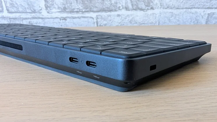 HP EliteBoard G1a review - close up of keyboard ports along left corner