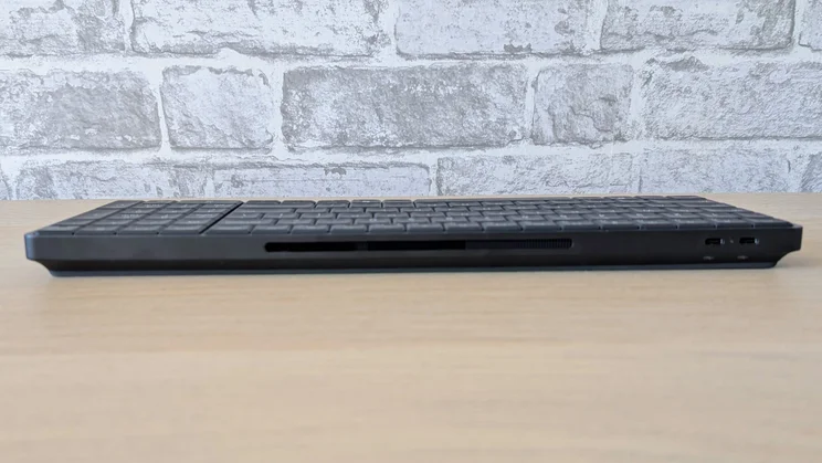 HP EliteBoard G1a review - wide shot of top edge of keyboard, showing ports and speaker