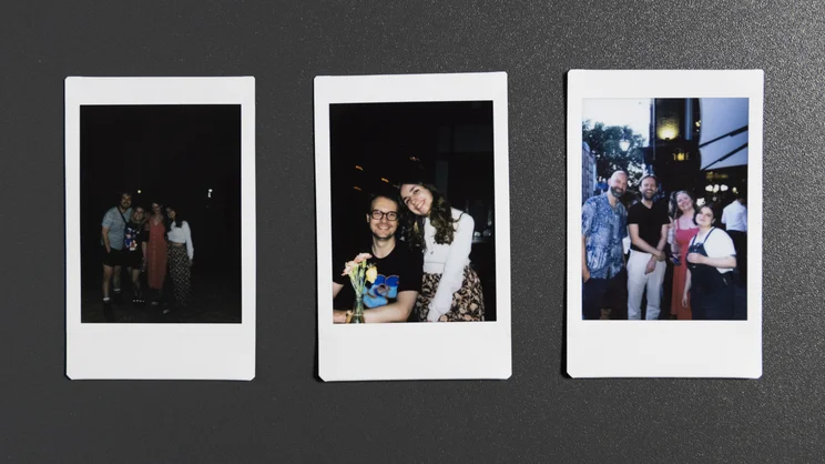 A row of three Instax Mini 13 prints. From left to right: a group of people against a night backdrop, two people in a pub, a group of people outside a pub