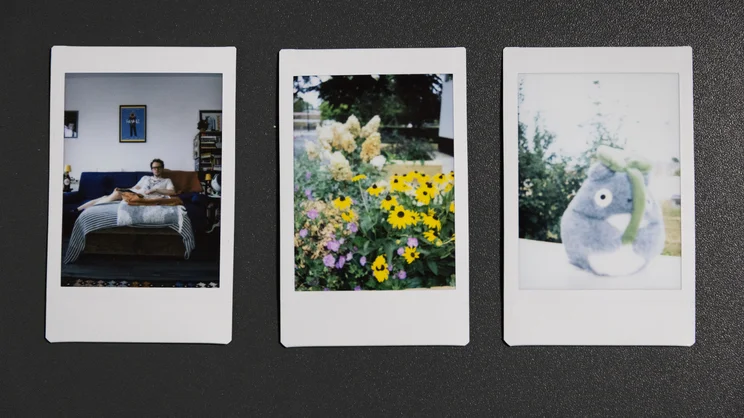 A row of three Instax Mini 13 prints. From left to right: a self-timed selfie of a person on their living room sofa, a flower bed, a small Totoro toy on a windowsill