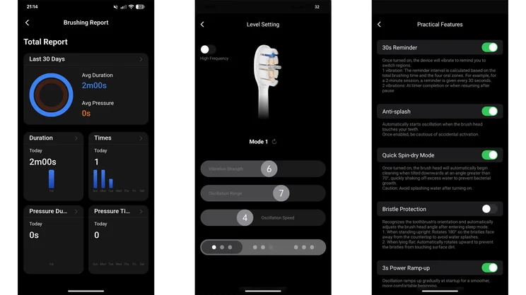The screenshots from the Laifen app. From left to right: the app's brushing report, brush strength adjustment settings, and additional settings