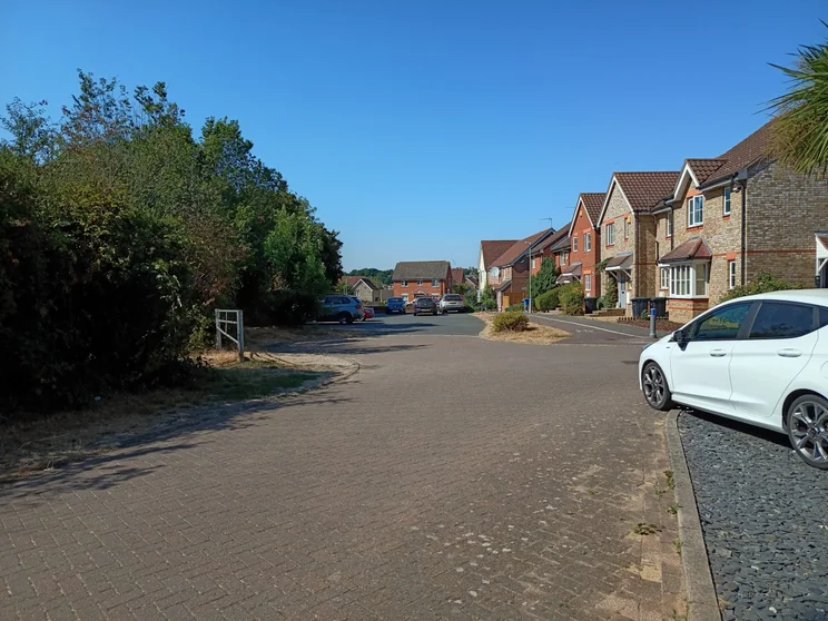 A quiet close of houses on a bright day