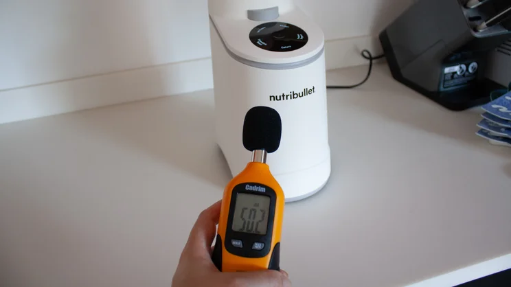 A sound meter measuring the noise output of the Nutribullet Chill ice cream maker