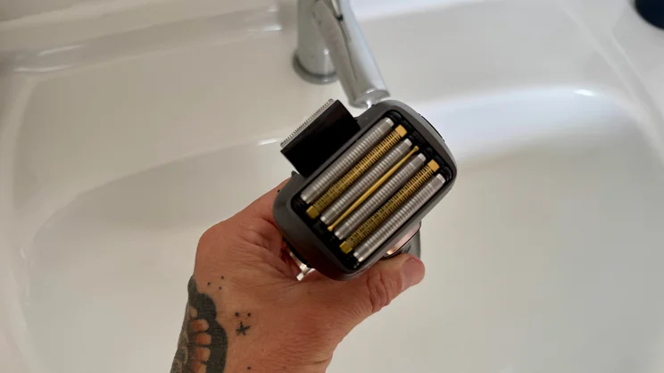 A view of the Panasonic Series 900+ electric shaver's foil blade head