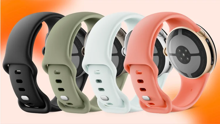 The Pixel Watch 5 - all new colours, pictured from the rear against an orange background
