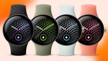 The Pixel Watch 5 - all new colours pictured from the front against an orange background